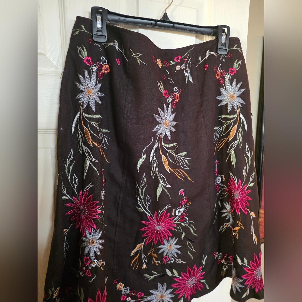 Linea Embroidered Floral Brown Linen A Line Skirt 14 - Picture 5 of 10